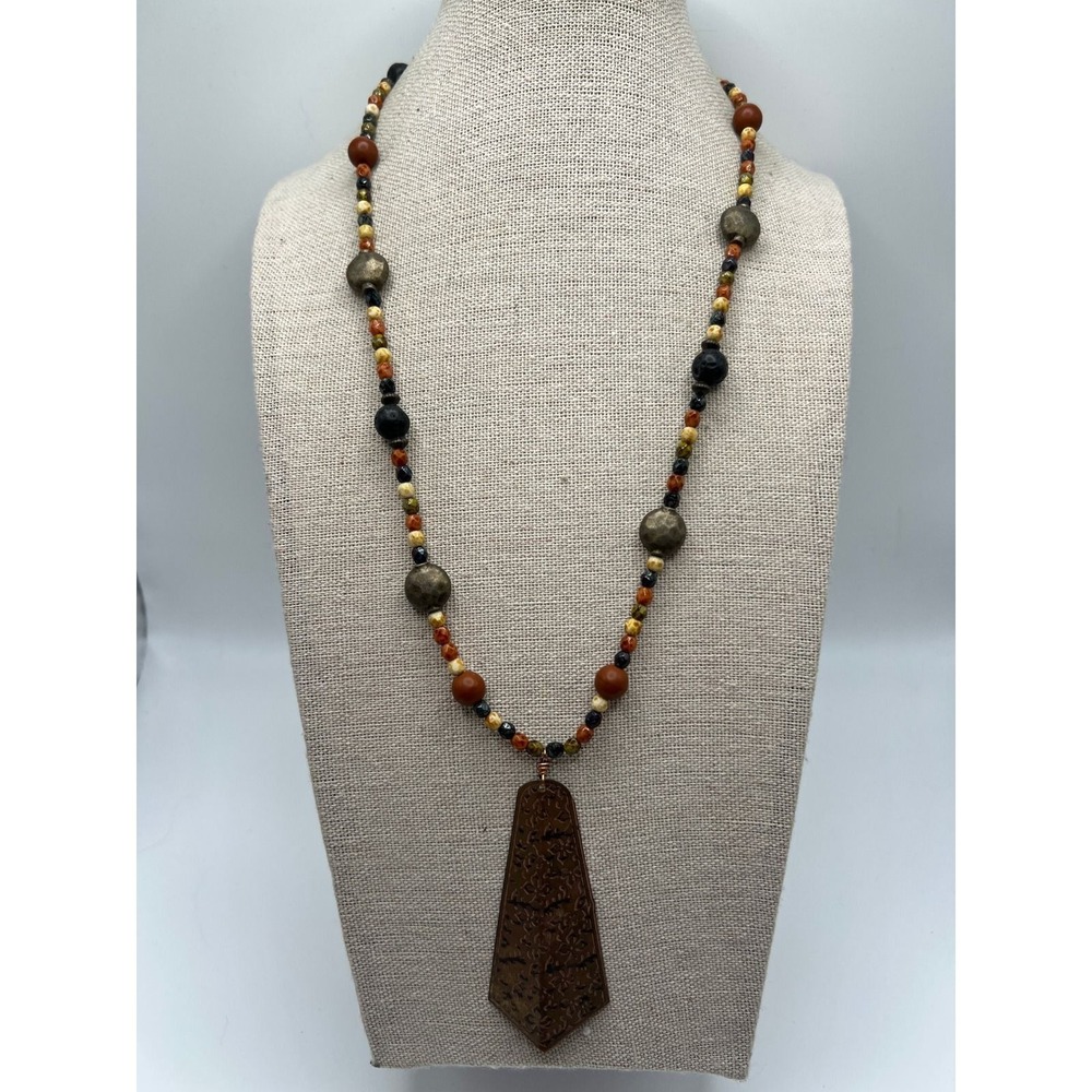 Mixed Metal Pendant‎ Necklace Boho Earthy Beaded Brass Bronze Acrylic Statement